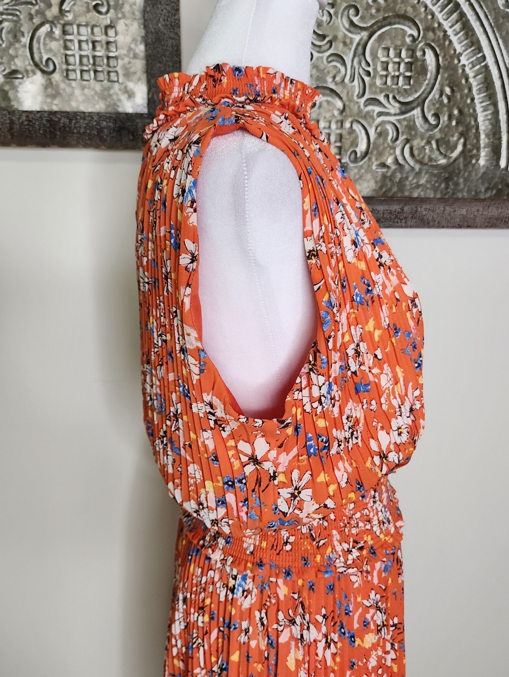 Nanette Lapore Orange Floral Pleated Sleeveless Drop Waist Midi Dress Sz12 Party - Picture 8 of 14